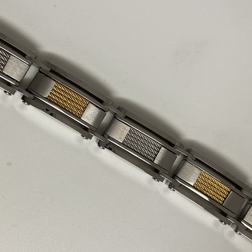 Men's Stainless Steel Link Bracelet with Gold & Silver Tone Wire Inlays