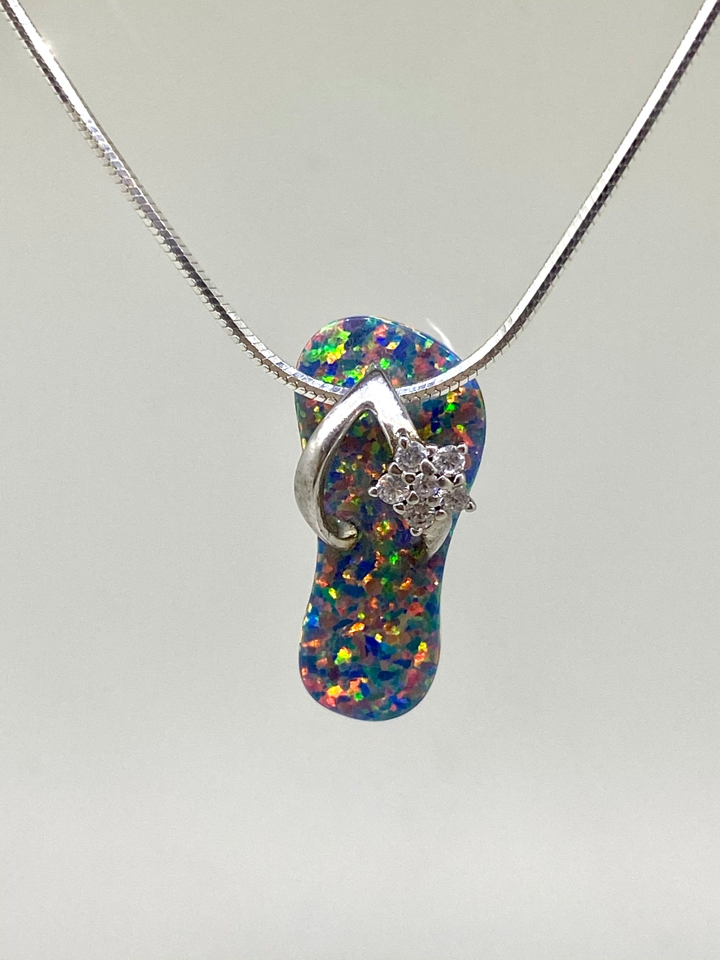 Sterling Silver Multi-color Opal Hibiscus Pendant with White Gold
