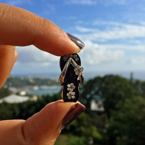 Mother of Pearl Sandal Pendant and Chain - Sterling Silver with White Gold Overlay